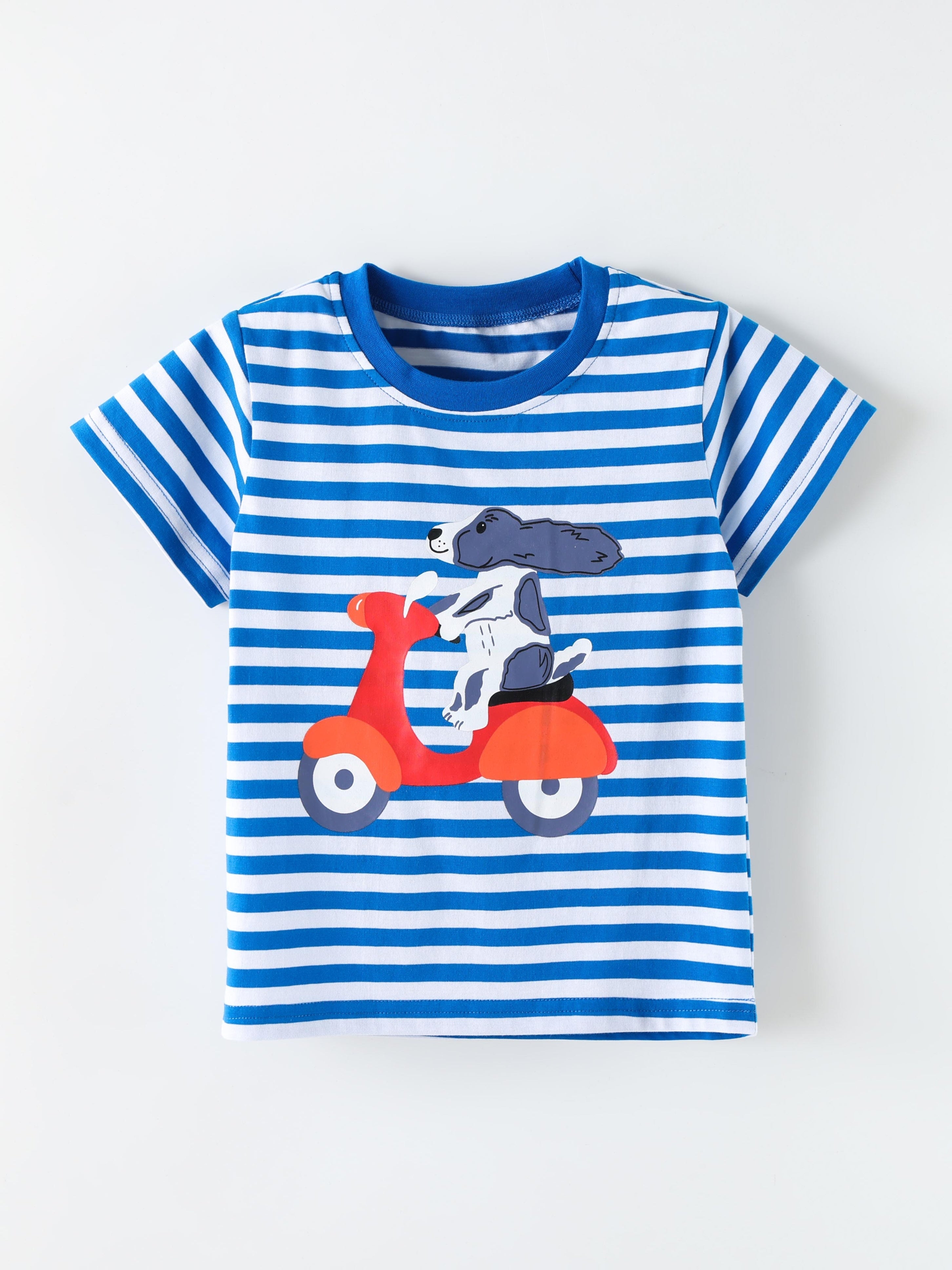 Boys' Striped T-Shirt with a Dog Riding a Scooter Print