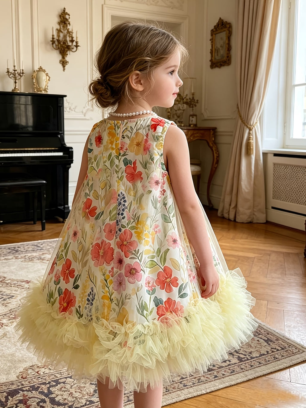 Layered Hem Puff Mesh Floral Princess Dress