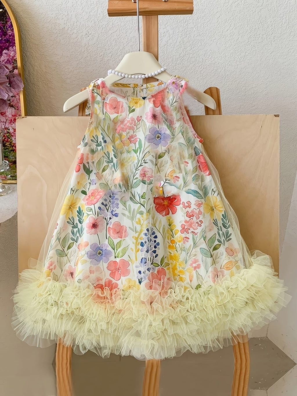 Layered Hem Puff Mesh Floral Princess Dress