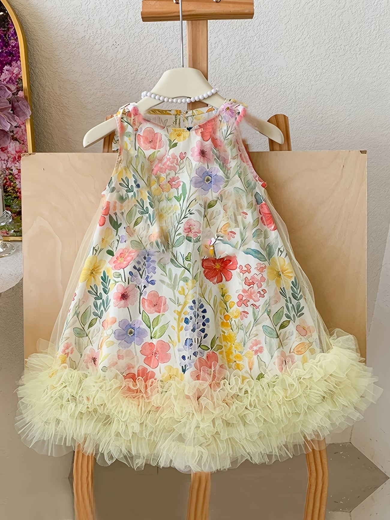 Layered Hem Puff Mesh Floral Princess Dress