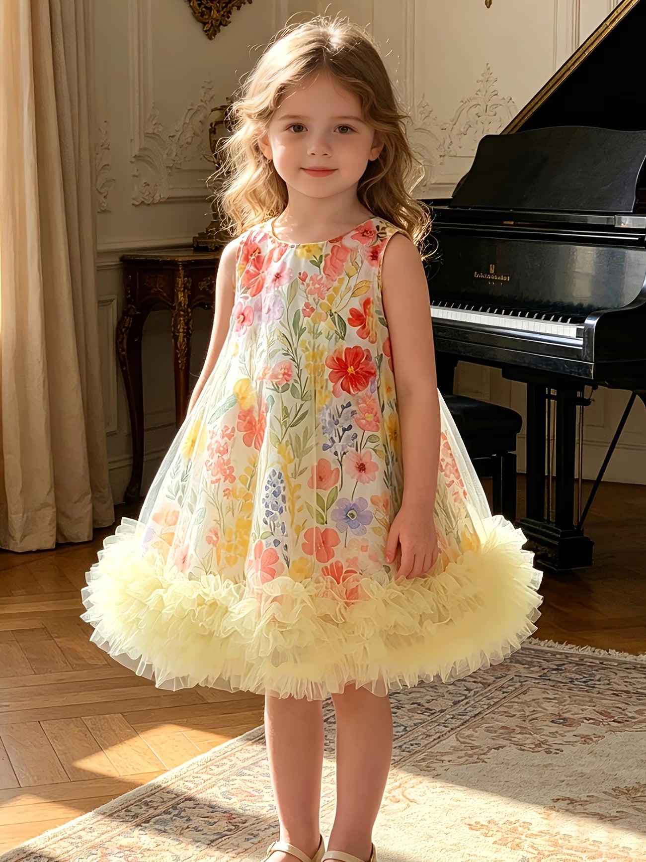 Layered Hem Puff Mesh Floral Princess Dress