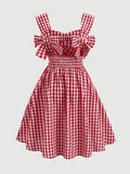 Red and White Plaid Dress with Shoulder Straps
